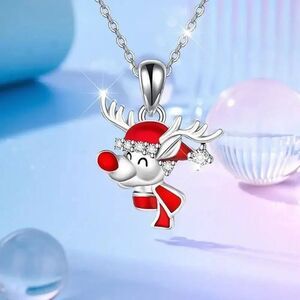 Christmas Winter Reindeer Holiday Necklace with Glass Accents